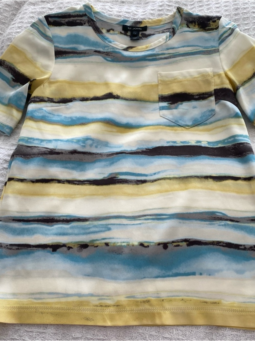 St. John Striped Watercolor Pocket Tee in Blue, Yellow and Black